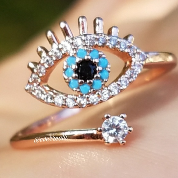 NEW Rose Gold Blue Evil Eye Open Ring - Picture 2 of 7